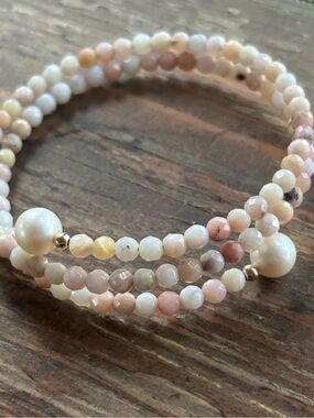 Pink Opal, Pearl, and 14k Bead Wrap Bracelet